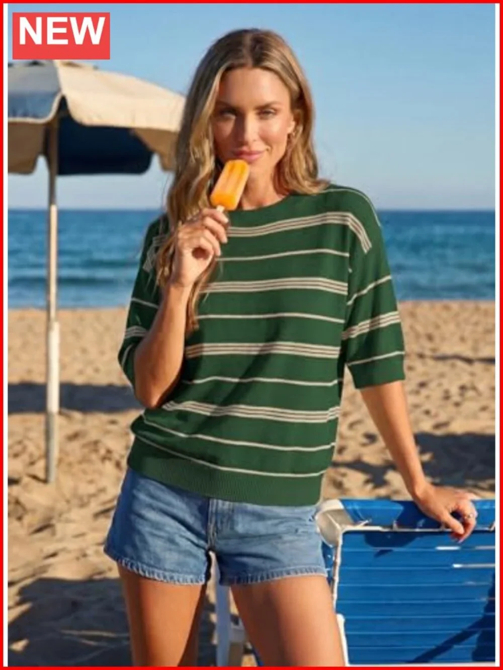 Oversized 3/4 Sleeve Striped Lightweight Knit Sweater Pullover